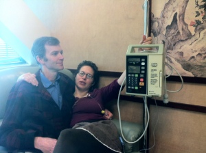 I invited Joe to sit with me on the grey naugahyde throne- note my infusion scepter. 
